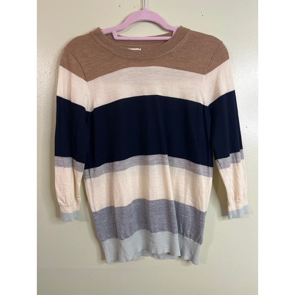 J.Crew Merino Wool Striped Sweater neutral color-way, 3/4 sleeves, size medium - Picture 2 of 10